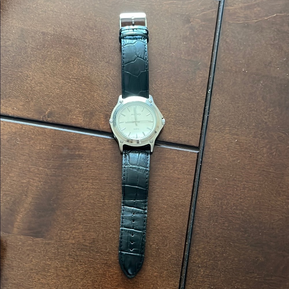 Silver Watch with Black Leather Strap